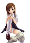  bad_id bad_pixiv_id brown_eyes brown_hair hands_clasped highres imo_(ryokyou) kneehighs loafers loose_socks misaka_mikoto own_hands_together panties pantyshot pantyshot_(sitting) school_uniform shoes shorts shorts_around_one_leg sitting socks solo sweater_vest to_aru_kagaku_no_railgun to_aru_majutsu_no_index underwear 