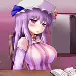  bad_id bad_pixiv_id blush book breast_expansion breasts chair crescent hat ikeruga large_breasts long_hair open_mouth patchouli_knowledge purple_eyes purple_hair ribbon sitting solo table touhou upper_body 