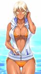  23_(real_xxiii) bikini blonde_hair breasts cleavage dark-skinned_girl_(23) dark_skin highres huge_breasts jacket micro_bikini navel open_clothes open_jacket original shiny shiny_skin short_hair solo string_bikini swimsuit tan thigh_gap water wet yellow_eyes 