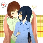  bad_id bad_pixiv_id bed_sheet black_hair blush brown_hair closed_eyes hirasawa_yui k-on! long_hair multiple_girls nakano_azusa orange_(bibiko) pajamas surprised 