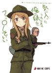  1girl battle_rifle belt blonde_hair can't_be_this_cute cosplay crossed_arms crossover full_metal_jacket glasses gun hat highres james_t_davis kousaka_kirino kunreishiki m14 marine_corps masato19400 military military_uniform necktie ore_no_imouto_ga_konna_ni_kawaii_wake_ga_nai parody profanity rifle romaji sgt_hartman sgt_hartman_(cosplay) source_quote title_parody uniform weapon 