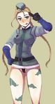  :p alternate_costume belt blonde_hair blue_eyes bodypaint braid cammy_white doru_riheko elbow_gloves gloves hat jacket long_hair no_pants panties scar simple_background solo street_fighter street_fighter_iv_(series) tongue tongue_out twin_braids underwear 