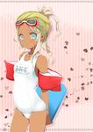  bad_id bad_pixiv_id blonde_hair blue_eyes copyright_request dark_skin goggles inflatable_armbands kamakiri_(wol_low) kickboard one-piece_swimsuit school_swimsuit solo swimsuit white_school_swimsuit white_swimsuit 