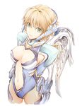  arms_behind_back blonde_hair bodysuit breasts center_opening cleavage dutch_angle fiorun green_eyes groin hairband headphones large_breasts looking_at_viewer mechanical_wings midriff navel robot_ears short_hair simple_background smile solo spoilers standing turtleneck wings xenoblade_(series) xenoblade_1 yamada_koutarou 
