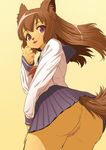  animal_ears artist_request ass blush bottomless butt canine clothed clothing exposed female fox furry half-dressed highres kusomiso looking_at_viewer looking_back mammal pussy red_eyes sakuganki school_uniform smile solo tail upskirt 
