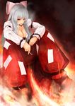  ankle_strap arm_strap bad_id bad_pixiv_id bangs bow breasts cigarette cleavage fire fujiwara_no_mokou grey_hair hair_bow highres large_breasts long_hair night no_bra open_clothes open_shirt outdoors pants parted_lips red_eyes shirt silver_hair sitting smoking solo straight_hair touhou very_long_hair wrist_straps yaoya_musuko 