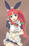  alternate_costume animal_ears bad_id bad_pixiv_id blue_eyes braid bunny_ears enmaided highres hong_meiling long_hair maid maid_headdress red_hair skirt skirt_tug solo takashiru touhou twin_braids 