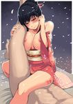  1girl bed black_hair blush breast_press breasts copyright_request hetero japanese_clothes large_breasts legs nipples off_shoulder pubic_hair ryou sex shijuuhatte translated vaginal 