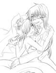  1girl absurdres bad_id bad_pixiv_id bare_shoulders bridal_veil bride couple dress eyepatch fang formal gloves greyscale hellsing hetero highres long_hair monochrome pip_bernardotte sakayume seras_victoria short_hair smile suit veil wedding_dress 