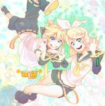  1girl arm_warmers ascot bad_id bad_pixiv_id belt blonde_hair blue_hair brother_and_sister grin hair_ornament hair_ribbon hairband hairpin headphones heart kagamine_len kagamine_rin midriff navel open_mouth ribbon shabomu shorts siblings smile twins vocaloid 