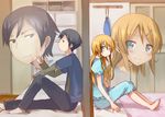  1girl against_wall aqua_eyes bad_id bad_pixiv_id barefoot black_hair blush brother_and_sister hair_ornament hairclip kousaka_kirino kousaka_kyousuke long_hair mishima_kurone orange_hair ore_no_imouto_ga_konna_ni_kawaii_wake_ga_nai pajamas saya_no_uta short_hair siblings sitting socks 