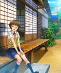  :d brown_hair closed_eyes glasses highres kneehighs landscape loafers mutsuki_(moonknives) open_mouth ore_no_imouto_ga_konna_ni_kawaii_wake_ga_nai school_uniform shoes short_hair shouji sitting skirt sliding_doors smile solo sweater_vest tamura_manami veranda 