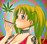  choker derivative_work drugged drugs earrings green_hair jewelry marijuana pipe smoking solo tattoo third-party_edit twintails 