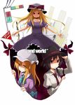  adjusting_clothes adjusting_hat bad_id bad_pixiv_id black_hair blonde_hair bow brown_eyes dress gap hat hat_ribbon highres long_hair maribel_hearn multiple_girls necktie porkpie_hat red_eyes ribbon road_sign shiroshi_(denpa_eshidan) short_hair sign touhou traffic_light usami_renko yakumo_yukari yellow_eyes 