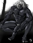  beast blue_skin demon forest large_penis lowres male male_focus monster muscle muscular nature night nude original penis red_eyes silver_hair solo ty5550 