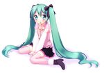  bow detached_sleeves hair_bow hatsune_miku long_hair mouth_hold skirt solo thighhighs twintails usashiro_mani very_long_hair vocaloid zettai_ryouiki 