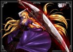  blonde_hair breasts brooch choker cleavage covered_nipples devil_may_cry dress elbow_gloves gloves hair_over_one_eye hat hat_removed headwear_removed highres huge_weapon jewelry large_breasts long_hair nelo_anjuurou purple_eyes skull solo sparda_(sword) sword touhou very_long_hair weapon white_gloves yakumo_yukari 