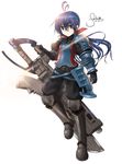  antenna_hair armor blue_eyes blue_hair boots breastplate faulds gloves greaves gunblade huge_weapon imca knee_pads long_hair military military_uniform pauldrons ponytail senjou_no_valkyria senjou_no_valkyria_3 signature silent_sakia solo uniform var_(weapon) weapon 