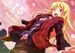  ahoge blonde_hair dutch_angle green_eyes hoshii_miki idolmaster idolmaster_(classic) long_hair plaid plaid_scarf scarf solo yuu-yuu 