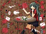  antlers bad_id bad_pixiv_id blue_eyes card chair chin_rest cup falling_card floating_card flower food fork green_hair hatsune_miku hirostuart kneehighs long_hair open_mouth red_flower red_rose rose sitting skirt solo table tea teacup teapot vocaloid wristband 