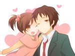  1girl brother_and_sister brown_eyes brown_hair kinokosuke kita_high_school_uniform kyon kyon_no_imouto one_eye_closed school_uniform short_hair siblings side_ponytail suzumiya_haruhi_no_yuuutsu 