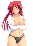  ;) areolae bangs black_panties blush breast_hold breasts brown_eyes cleavage closed_mouth collarbone crossed_arms curvy dress_shirt groin head_tilt hips kousaka_tamaki large_breasts long_hair looking_at_viewer navel nipples no_bra no_pants nose_blush one_eye_closed open_clothes open_shirt panties red_eyes red_hair shiny shiny_skin shirt simple_background smile solo standing straight_hair to_heart_2 underwear very_long_hair white_background zekkyon 