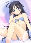  antenna_hair bandeau bikini black_hair blue_eyes blush flat_chest kashiwamochi_yomogi long_hair mobu_yuri o-ring o-ring_top original smile solo sparkle swimsuit very_long_hair 