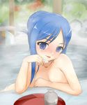  alcohol blue_eyes blue_hair breasts cleavage dorimushirou dream_c_club dream_c_club_(series) medium_breasts nude onsen sake smile solo steam tokkuri tray water 