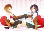  bare_shoulders black_hair black_legwear blue_legwear bra brown_eyes brown_hair dotted_line heart holding_another's_foot kneehighs lingerie long_hair mochizuki_mina multiple_girls nail_polish no_shoes off_shoulder open_clothes open_mouth open_shirt original pillow plaid plaid_skirt shirt short_hair skirt smile thighhighs underwear 