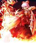  bad_id bad_pixiv_id boots bow cross-laced_footwear fire fujiwara_no_mokou hair_bow hair_ribbon lace-up_boots long_hair nishi_masakazu pants red_eyes ribbon silver_hair solo suspenders touhou 