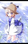  blonde_hair blue_eyes blush futase_hijiri hair_ribbon hat moriya_suwako ribbon solo tadpole_tail tail touhou wading water 