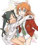 animal_ears black_hair blue_eyes breasts bunny_ears cat_ears charlotte_e_yeager face fang francesca_lucchini green_eyes grin hand_on_back hands_on_shoulders long_hair medium_breasts military military_uniform multiple_girls one_eye_closed open_mouth orange_hair panties peg smile star strike_witches striped striped_panties tail teeth twintails underwear uniform world_witches_series 