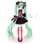  asymmetrical_clothes bad_id bad_pixiv_id blush bow detached_sleeves dress garter_straps green_eyes green_hair hair_bow hair_twirling hatsune_miku headset kabasawa_kina long_hair musical_note necktie one_eye_closed smile solo thighhighs twintails very_long_hair vocaloid 
