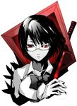 bow bowtie collarbone durarara!! eski expressionless frame glasses hands open_collar red red_eyes shirt short_hair solo sonohara_anri spot_color sword weapon wind 