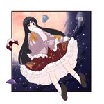  bad_id bad_pixiv_id black_hair bowl branch capelet cowry_shell from_below highres houraisan_kaguya jeweled_branch_of_hourai long_hair moon purple_eyes sky solo star_(sky) starry_sky touhou tsuttsu 
