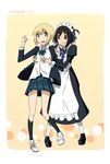  arashiyama_hotori bad_id bad_pixiv_id black_hair blonde_hair breast_grab breasts brown_eyes grabbing grin kneehighs kon_futaba maid maid_headdress medium_breasts multiple_girls sakebuotoko school_uniform short_hair skirt smile soredemo_machi_wa_mawatteiru yuri 