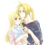  1girl baby bad_id bad_pixiv_id blonde_hair blue_eyes braid couple edward_elric fullmetal_alchemist hetero holding light long_hair ponytail scar smile spoilers tsukuda0310 winry_rockbell yellow_eyes 