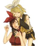  age_difference artist_request bow breasts hair_ornament hairpin headphones hug kagamine_rin medium_breasts meiko multiple_girls nail_polish red_nails shorts vocaloid yellow_nails 