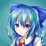  blue_background blue_eyes blue_hair bow cirno eyelashes hair_bow hayase_kento ribbon short_hair simple_background solo touhou upper_body vest wings 