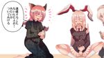  alcohol animal_ears bow braid bunny_ears cat_ears choko_(cup) cream_(nipakupa) cup hair_bow izayoi_sakuya kaenbyou_rin kneeling long_hair maid_headdress multiple_girls pink_hair red_hair reisen_udongein_inaba sake silver_hair simple_background sitting tokkuri touhou translated twin_braids white_background 