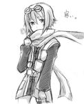  ama. breath covering_mouth expressionless gloves goggles goggles_on_head greyscale monochrome rita_mordio scarf short_hair solo tales_of_(series) tales_of_vesperia white_background 