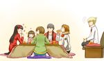  3girls amagi_yukiko black_hair blonde_hair blush brown_hair closed_eyes doujima_nanako drinking feet flower food fruit grey_hair hanamura_yousuke kotatsu kuma_(persona_4) long_hair mandarin_orange multiple_boys multiple_girls narukami_yuu pantyhose persona persona_4 satonaka_chie short_hair table twintails yuugure 