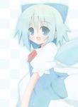  bad_id bad_pixiv_id blue_dress blue_eyes blue_hair blush bow cirno dress hair_bow nekokan-nekokan ribbon smile solo touhou wings 