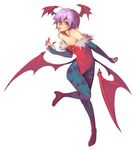  animal_print bare_shoulders bat_print bat_wings bridal_gauntlets head_wings lavender_hair leotard lilith_aensland na_young_lee pantyhose print_legwear red_eyes red_leotard short_hair solo vampire_(game) wings 