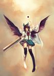  arm_cannon bad_id bad_pixiv_id black_hair black_wings bow cape energy_ball hair_bow highres long_hair open_mouth red_eyes reiuji_utsuho smile solo thighhighs third_eye touhou traplus weapon wings 