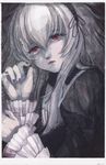  bad_id bad_pixiv_id grey grey_hair hairband lips mildet nail_polish red_eyes rozen_maiden sad solo suigintou traditional_media watercolor_(medium) 