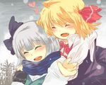  closed_eyes fang heart hug konpaku_youmu multiple_girls rumia scarf smile snow touhou tsushima_shigure 