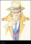  agahari chin_rest fedora formal hat lupin_iii male_focus necktie police sideburns smile solo suit trench_coat zenigata_kouichi 