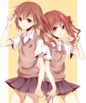  brown_eyes brown_hair kouko long_hair misaka_mikoto multiple_girls nail school_uniform shirai_kuroko short_hair sweater_vest to_aru_kagaku_no_railgun to_aru_majutsu_no_index twintails 