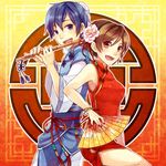  1girl artist_request back-to-back blue_hair brown_hair china_dress chinese_clothes dress fan flower flute instrument kaito meiko short_hair vocaloid 